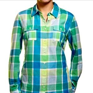 Tommy Hilfiger Green Blue Plaid Roll Tab Shirt NWT